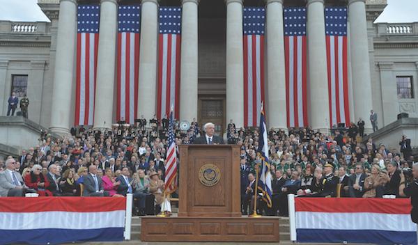 Governor Jim Justice giving his Inauguration on the steps of capitol hill.  