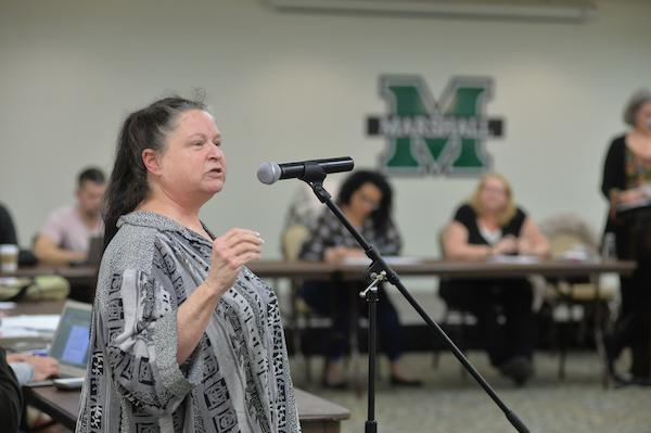 Pamela Mulder raises discussion over student privacy policy during the faculty senate meeting at the Memorial Student Center Tuesday.