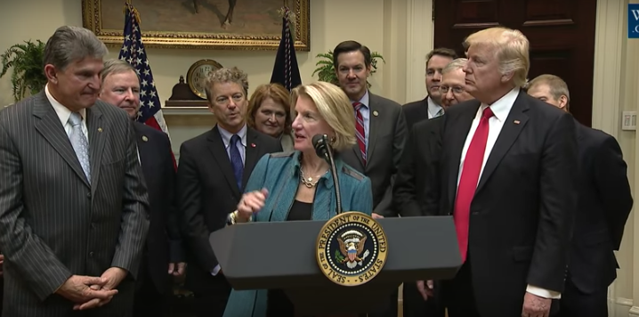 Senators Joe Manchin, Shelly Moore Capito, Congressman Evan Jenkins and President Donald Trump at the White House, reveal legislation to protect the coal industry from regulation and sanctions. 