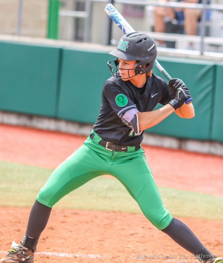 Morgan Zerkle takes an at bat against Wright State during a double header April 5. Marshall won both games by scores of 4-2 and 9-1. Zerkle went for 5-7 while batting in 5 runs.
