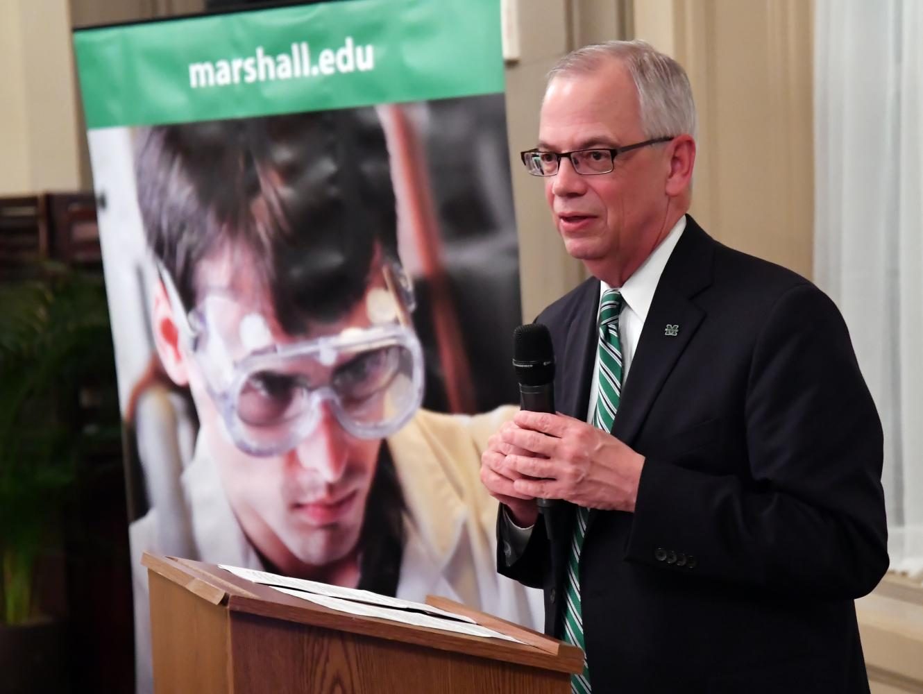 President Jerry Gilbert discusses university objectives and new marketing campaign at  April reception in honor of John Marshall in Richmond, VA.