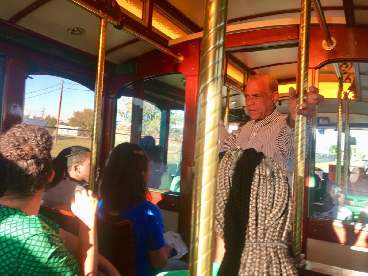 Vice president of Intercultural Affairs Maurice Cooley leads the 45 minute tour about the history of Huntington and trolley.