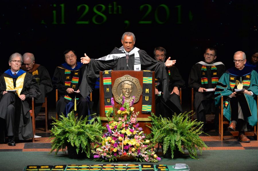 Associate Vice President of Intercultural Affairs Maurice Cooley speaks at Marshall’s Donning of the Kente ceremony, which recognizes African and African American graduates, April 28, 2016. Cooley was one of 35 African American students attending Marshall during his freshman year in 1966. Today, Cooley is a mentor for minority students on campus.