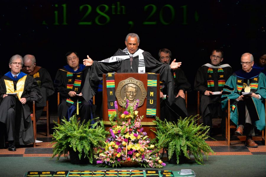 Associate+Vice+President+of+Intercultural+Affairs+Maurice+Cooley+speaks+at+Marshall%E2%80%99s+Donning+of+the+Kente+ceremony%2C+which+recognizes+African+and+African+American+graduates%2C+April+28%2C+2016.+Cooley+was+one+of+35+African+American+students+attending+Marshall+during+his+freshman+year+in+1966.+Today%2C+Cooley+is+a+mentor+for+minority+students+on+campus.