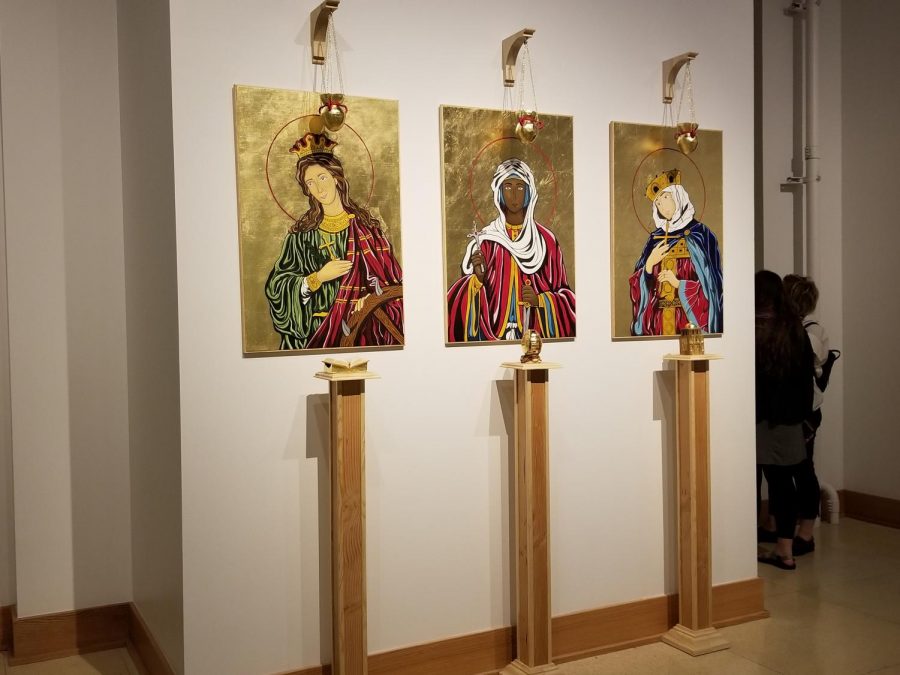 Senior Kaitlin Blatts tribute to three female Greek Orthodox saints. Blatts art will be on display until Nov. 9 alongside the works of Steven Phelix, Alex Stanwick and Chris Mathers.