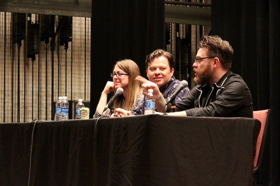 (From left) Dr. Sydnee, Justin and Travis McElroy answer questions from the audience after the podcast tapings relating to their upcoming projects, their podcast-making process and their love for Huntington, West Virginia.