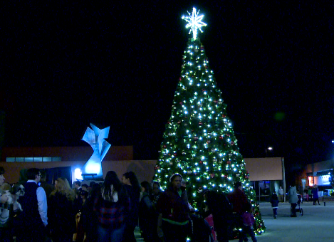 Huntingtons Christmas tree lit up on the Big Sandys Superstore Arena plaza. 