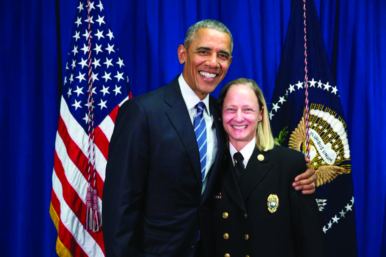 Former President Barack Obama and Jan Rader during her first time meeting President Obama in Charleston.