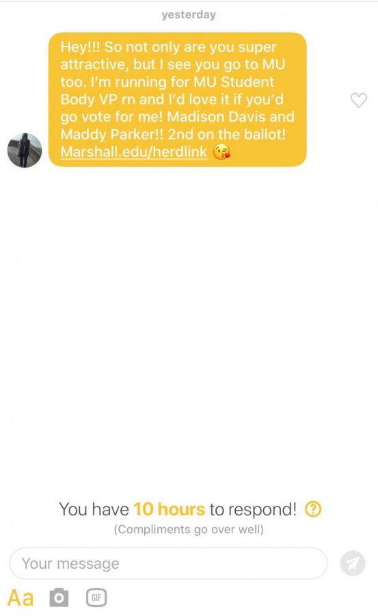 A message sent from the Davis, Parker campaign sent on Bumble. 