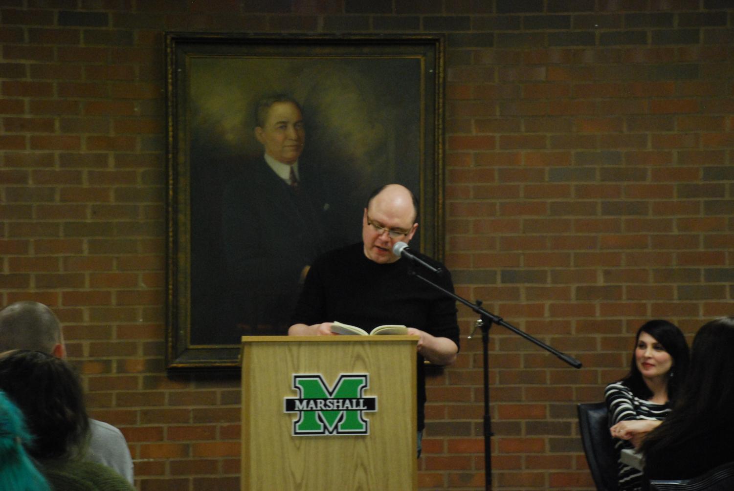 Matthew Olzmann concluded the event with a lighthearted tone, reading “The Man Who was Mistaken,” “Mountain Dew Commercial Disguised as a Love Poem” and “A Letter to Someone 50 Years from Now.”