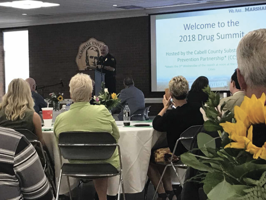 Huntington+Police+Chief+Hank+Dial+speaking+at+the+2018+Drug+Summit+at+Marshall+University.+