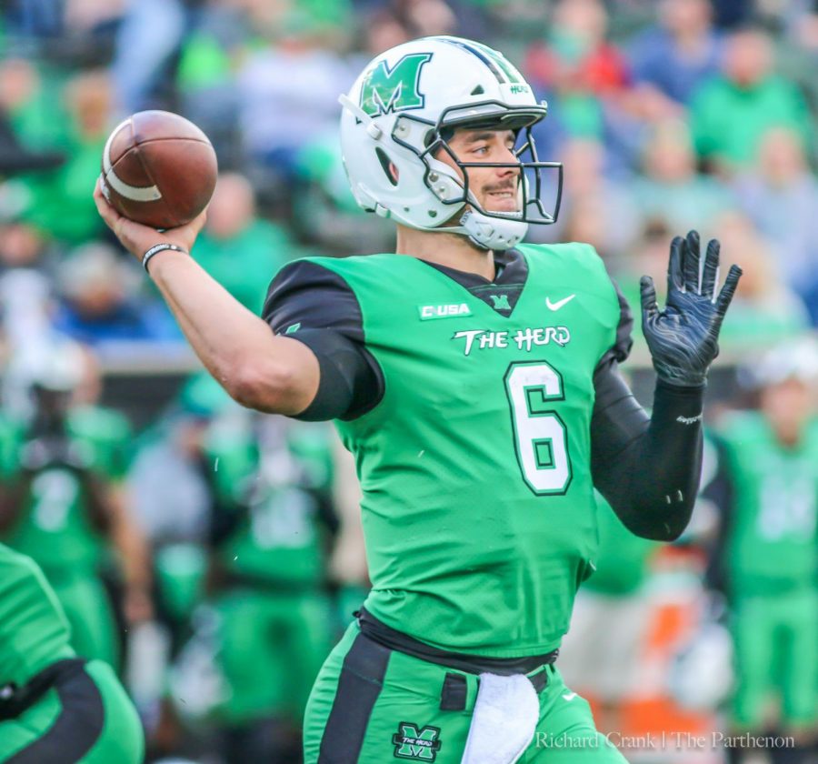 Quarterback Alex Thomson drops back to pass in Marshalls home win over FAU earlier this season. Thomson makes his fourth start of the season Saturday against Southern Miss.