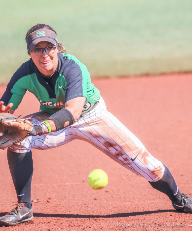 Infielder Blakely Burch (55) fields a ground ball during Marshalls 2018 game against Morehead State at Dot Hicks Field.