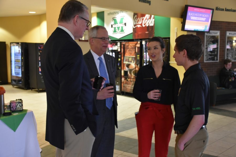 Huntington Mayor Steve Williams, Marshall University President Jerry Gilbert, Student Body Vice President Hannah Petracca and Student Body President Hunter Barclay discuss issues concerning the Marshall and Huntington communities at Coffee with the Mayor Jan. 19.
