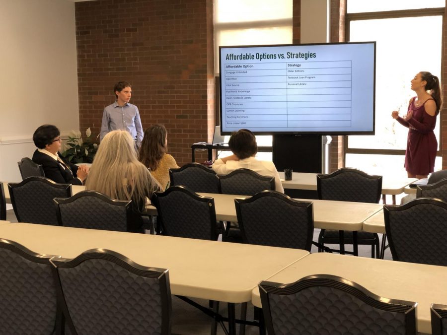 Student Body President Hunter Barclay and Student Body Vice President Hannah Petracca present information about affordable options and strategies during an Affordable Education 101 Material Training in the Shawkey Room of the Memorial Student Center Thursday.