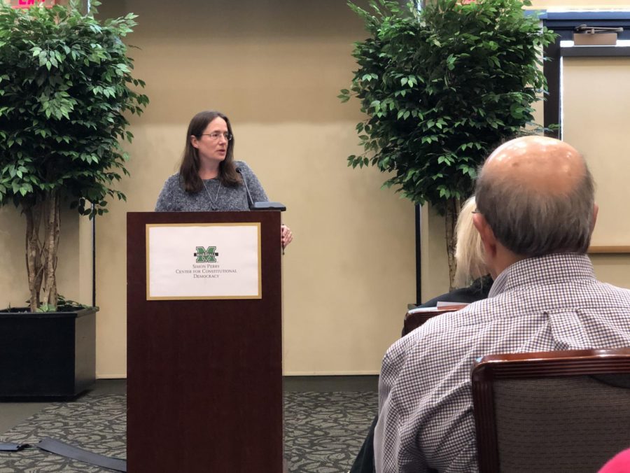 Heather Cox Richardson, a professor of history at Boston College and author, speaks about the ideologies of the South and the West, during an lecture in the Amicus Curiae Lecture Series on Constitutional Democracy Thursday in the Brad D. Smith Foundation Hall.