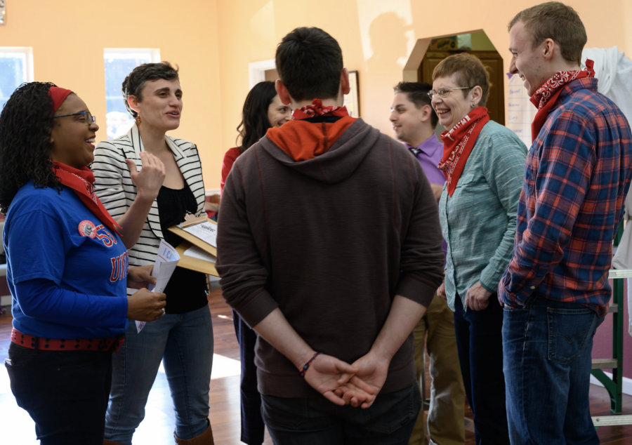 Smith for W.Va. campaign manager Katey Lauer, second from left, interacts with community members involved in W.Va. Can’t Wait movement at campaign’s statewide launch in Matewan in January this year.