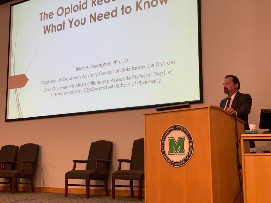 Dr. Brian A. Gallagher, chairman of the Governor’s Advisory Council on Substance Use Disorder, addresses an auditorium of healthcare professionals at Cabell Huntington Hospital Aug. 28.