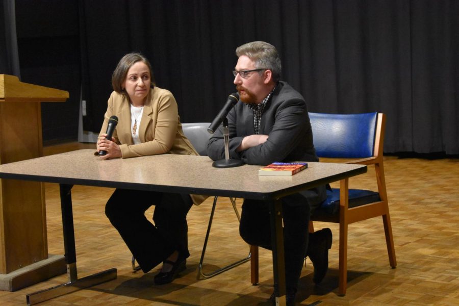Authors and Marshall alumni Rajia Hassib and Jordan Farmer answer questions posed by the audience during the first event in the fall 2019 season of the A. E. Stringer Visiting Writers Series Thursday, Sept. 26.
