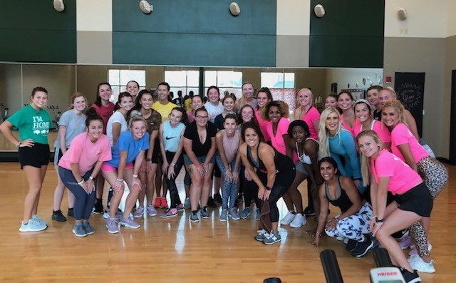 Students+joined+the+Marshall+PINK+team+in+a+STRONG+by+Zumba+class%2C+Sept.+12+at+the+Marshall+University+Recreation+Center.+