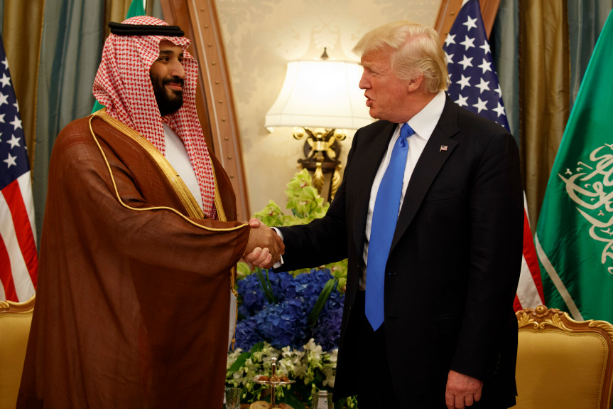 In this May 20, 2017 photo, President Donald Trump shakes hands with Saudi Deputy Crown Prince and Defense Minister Mohammed bin Salman in Riyadh. 