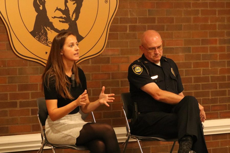 Kristina Anderson, founder of the Koshka Foundation for Safe Schools, and MUPD Chief Jim Terry discuss the ways in which Marshall University could improve campus safety at the 2019 Yeager Symposium Oct. 22.