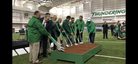 Left to right: Senior Associate for AECOM, Brian Pounds, Chairman James  Bailes, current Head Baseball Coach Jeff Waggoner, Marshall University President Jerry Gilbert, Jack Cook, Athletic Director Mike Hamrick,  Jeff Montgomery, Mayor Steve Williams and Rick Reed all participated in the groundbreaking ceremony. 