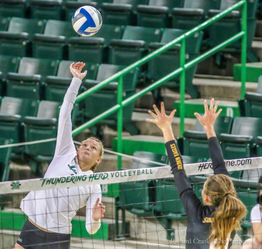 Ciara DeBell swings against Southern Miss in the 3-0 sweep on Sept. 27