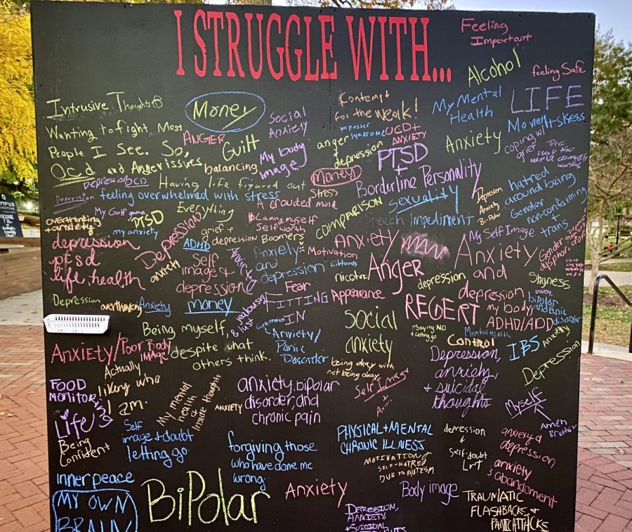 Active Minds put up a wall last week to allow students to write about their mental health struggles and how they cope.