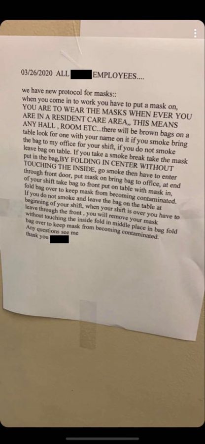 A notice in a Kanawha County nursing home details the facilitys recommended procedures regarding wearing masks and taking smoke breaks.