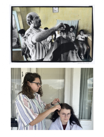 Marshall University students Lilly Dyer, a senior photography major and Emily Clements, a senior international affairs major recreating art by Debbie Hill.