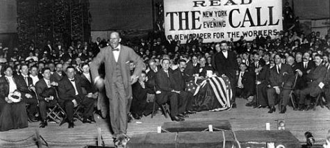 Eugene V. Debs, member of the Socialist Party of the USA and presidential candidate, speaks to members of the worker’s union on Aug. 17, 1912, at an unknown location in the USA.