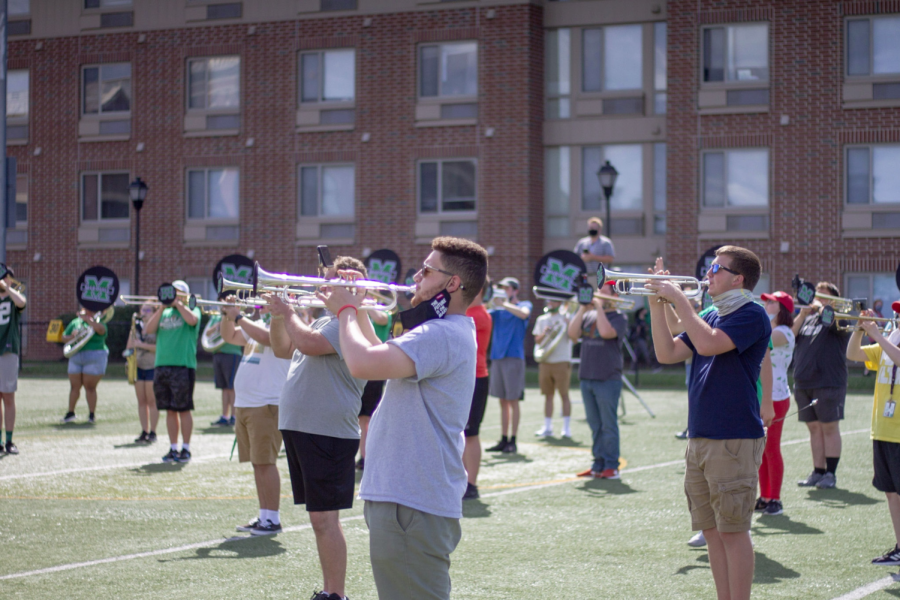 MU band practicing with social distancing precautions. 