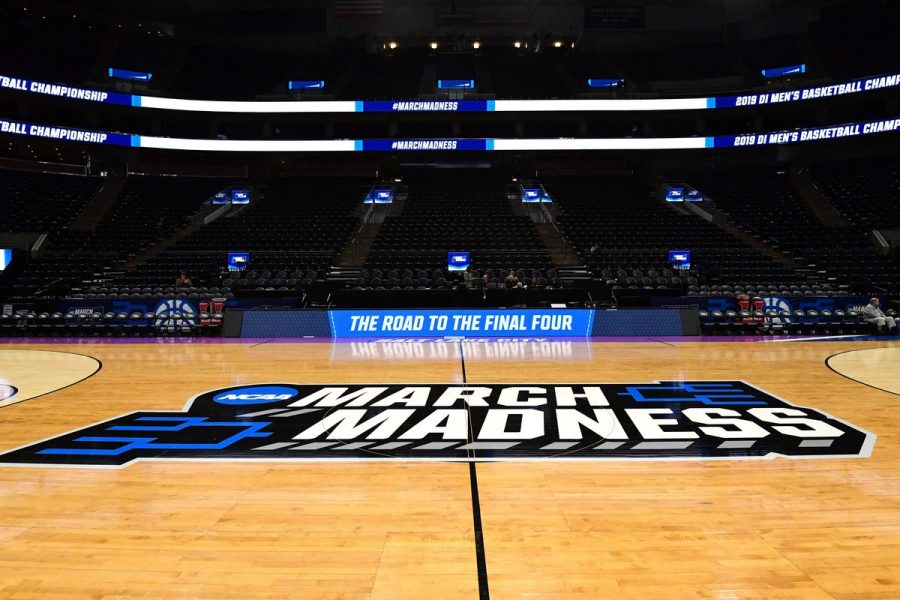 General overall view of the March Madness logo at center court before the first round of the 2019 NCAA Tournament in Salt Lake City, Mar. 20, 2019.