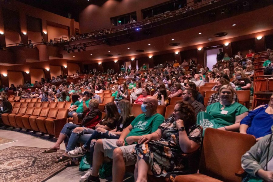 Incoming students meet in the Joan C. Edwards playhouse for new student orientation last week. 