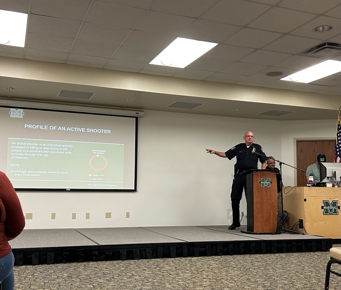 Marshall Police Chief Jim Terry spoke at the active shooter training on Sept. 12.