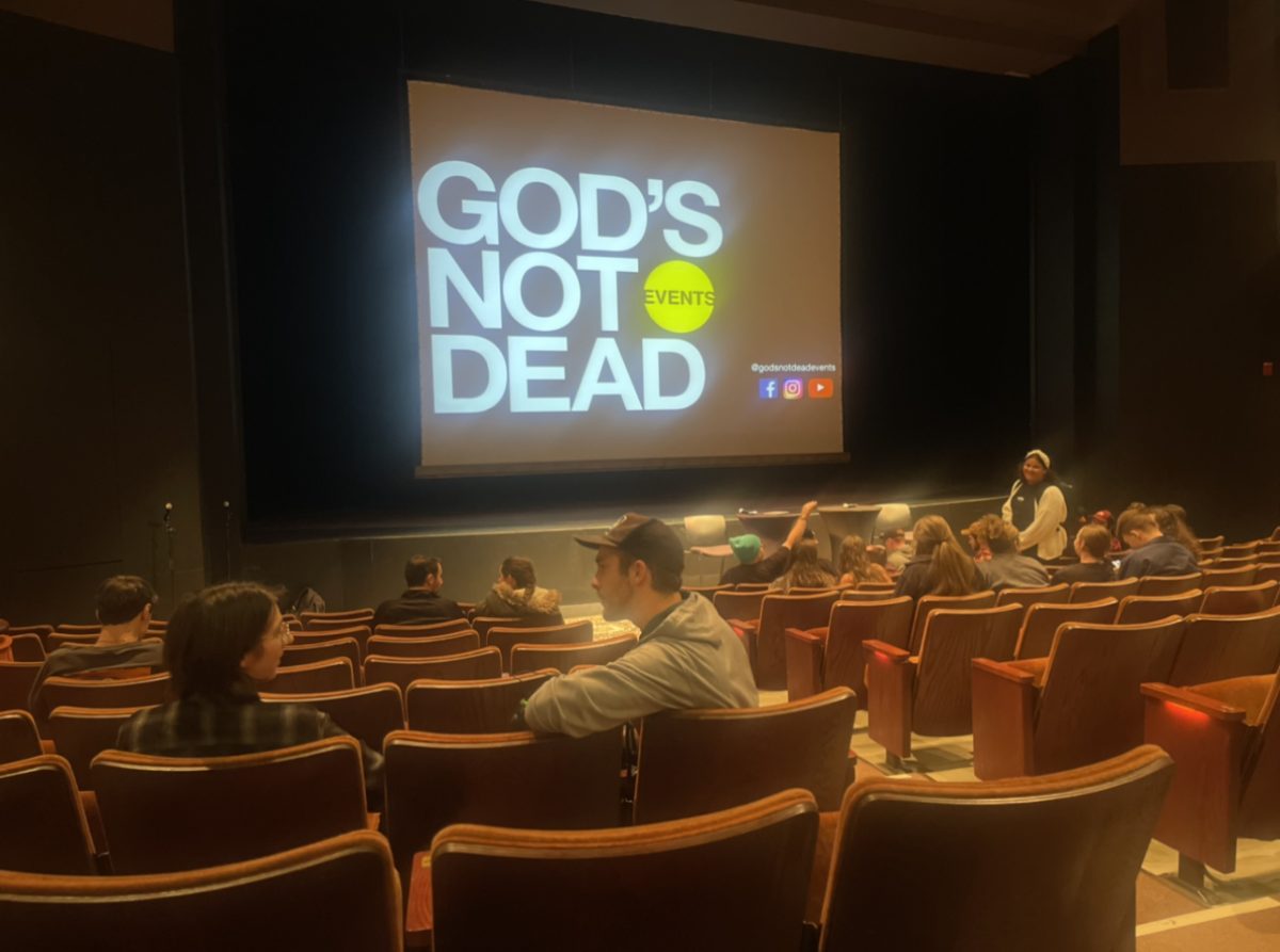 Students+gathered+to+watch+the+Gods+Not+Dead+presentation.