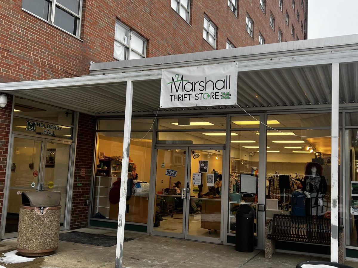 The entrance to the Marshall Thrift Store is located next to the Office of Housing and Residence Life on campus.