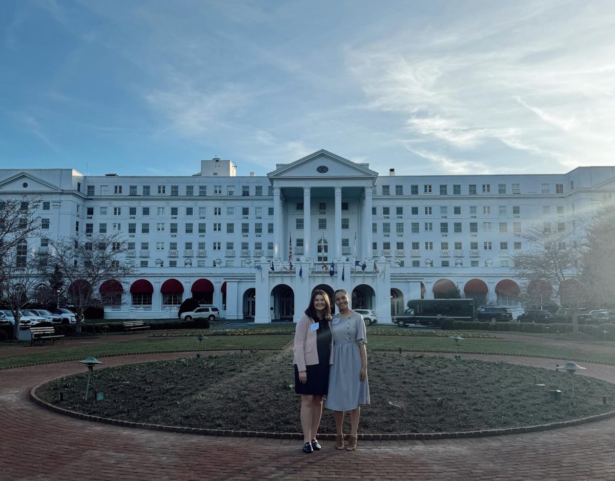 Sarah Davis (left), news editor, and Victoria Ware (right) in front of the Greenbrier resort at
the Women’s Leadership Summit.