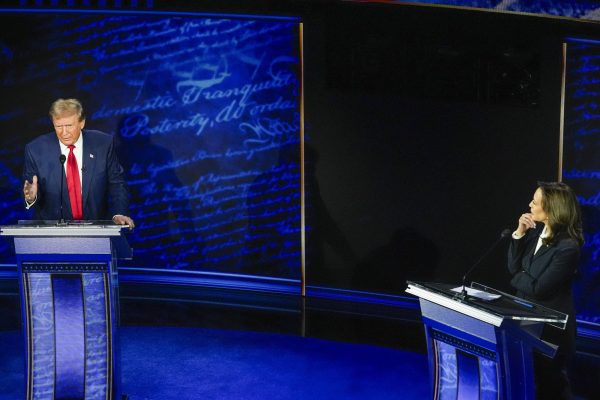 Republican presidential nominee former President Donald Trump and Democratic presidential nominee Vice President Kamala Harris participate during an ABC News presidential debate at the National Constitution Center in Philadelphia, Tuesday, Sept. 10, 2024. (AP Photo/Alex Brandon)