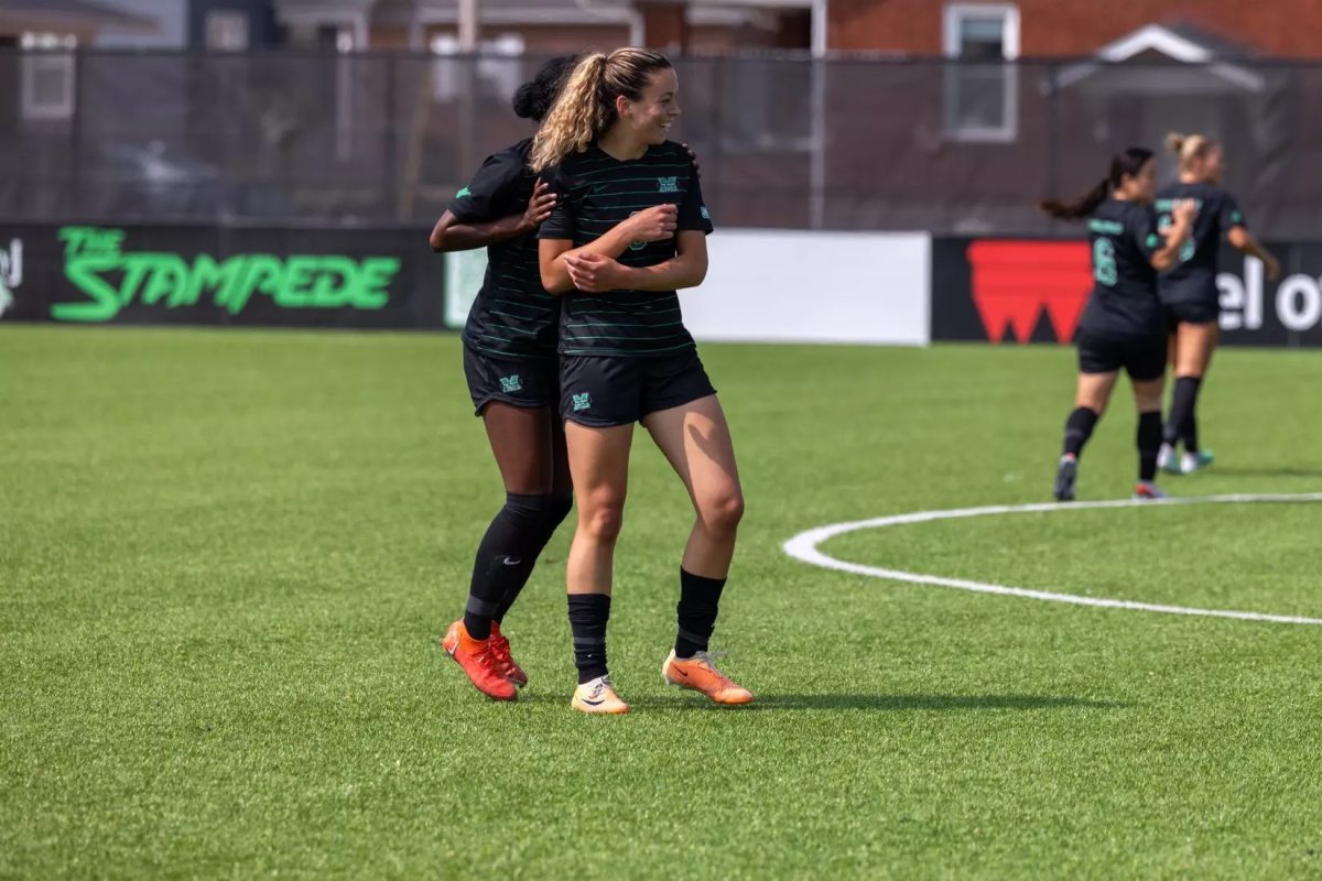 Ebony Leckey celebrates after her goal gave the Herd the late lead against the Indiana State Sycamores.