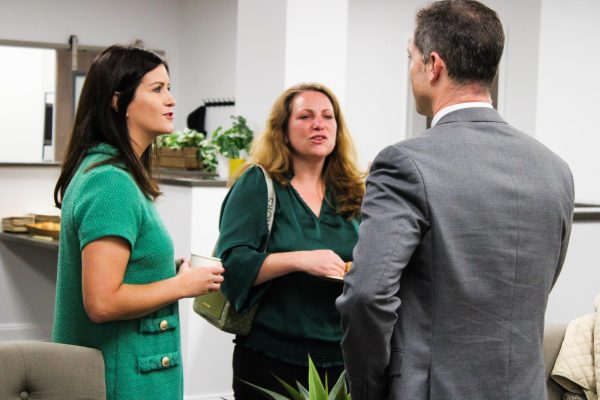 Tricia Ball, president and CEO of the Huntington Chamber of Commerce, speaks to attendees of the “Business Before Hours” event.