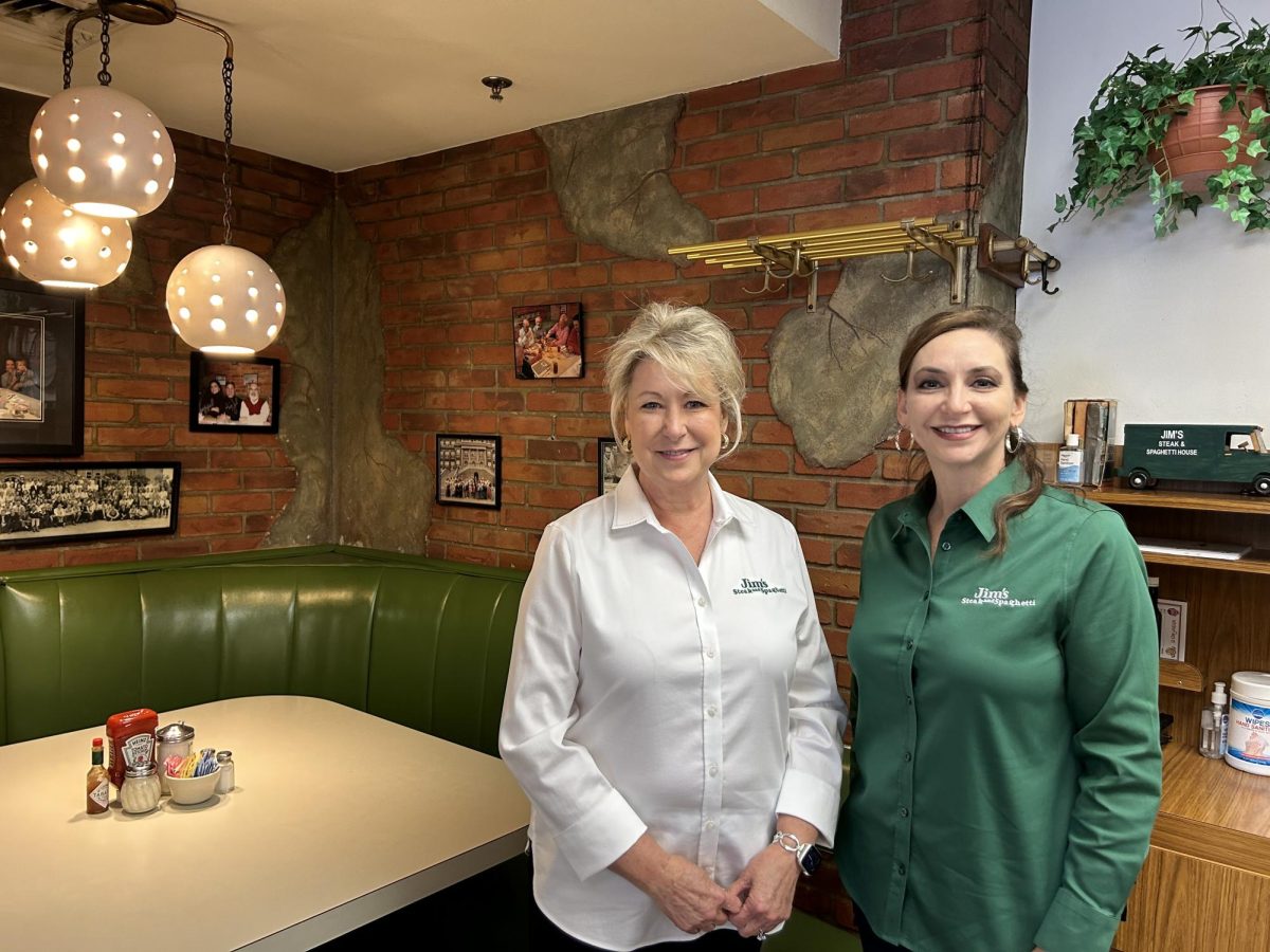 Jim’s is located on 5th Ave. in Huntington. Vicki Dunn-Marshall, the resturant’s new owner (left) and Sabrina Donahue-Moore, head of marketing (right) pose in their Marshall-adjacent uniforms.