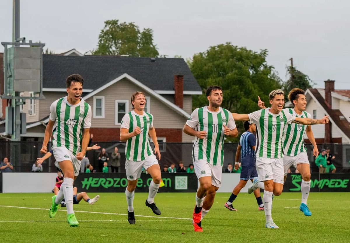 Players celebrate during a previous match at home.