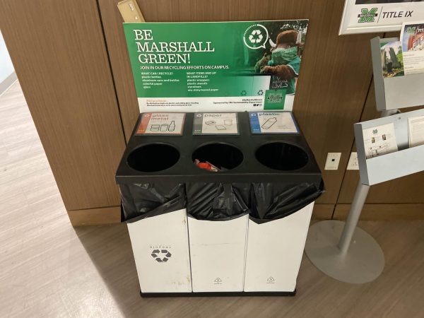 Recycling bins can be found in various locations around campus.