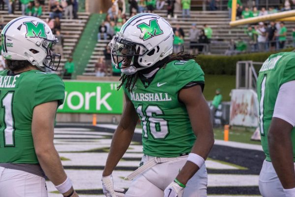 Christian Fitzpatrick celebrates following his touchdown to give the Herd the lead.