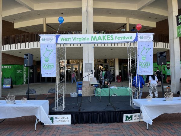 The stage set up outside the Memorial Student Center during the WV Makes Festival.