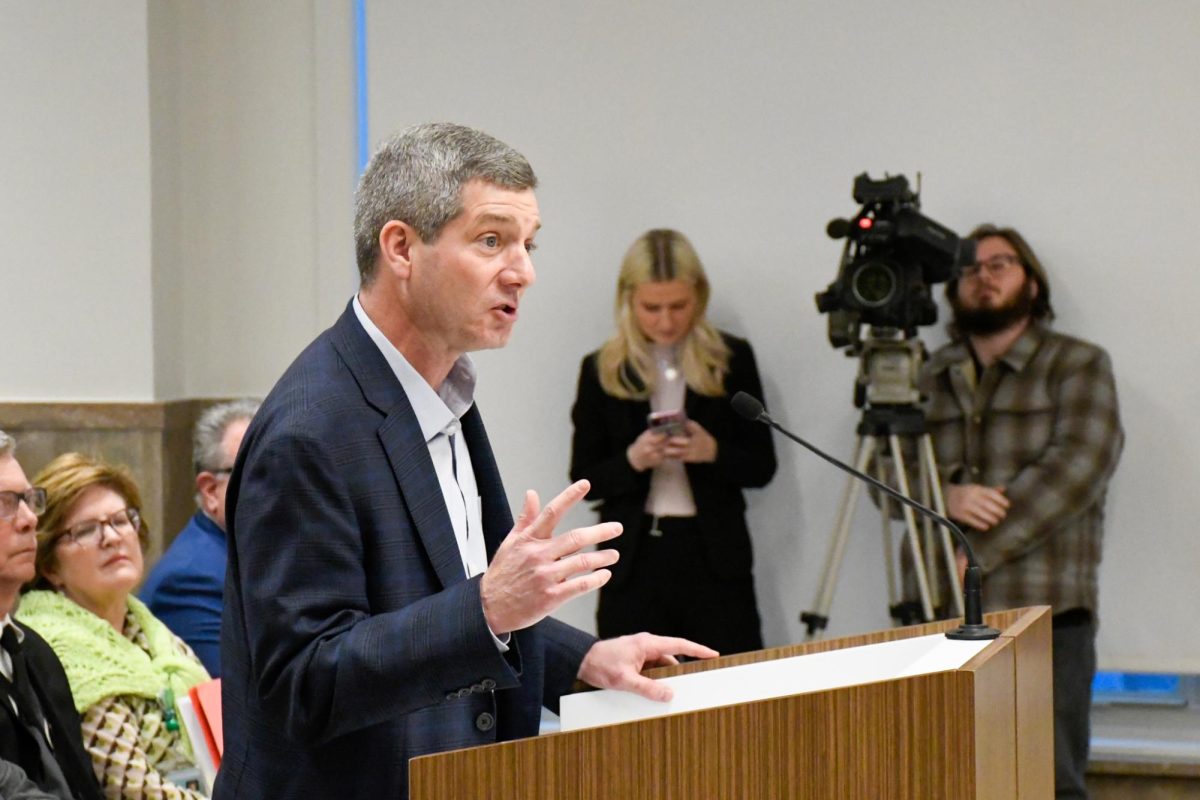 Huntington Mayor, Patrick Ferrell speaking at the City Council Meeting. 
(The Parthenon/Wade Sullivan)