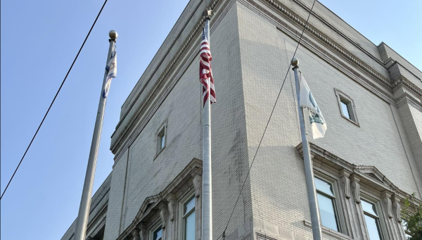 The City of Huntington shared this photo on its Facebook on June 2, showing the United States, West Virginia and City of Huntington flags on display outside City Hall. (Courtesy of the City of Huntington, WV Facebook)