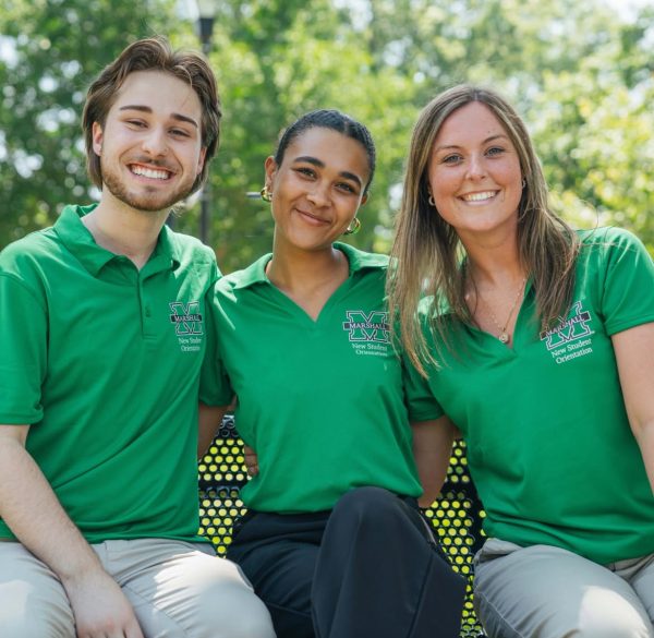 (L to R): Waylon Smith, Beyonce Carter and Caroline Powell can be found leading groups
through orientation this summer. (Courtesy of Marshall University)